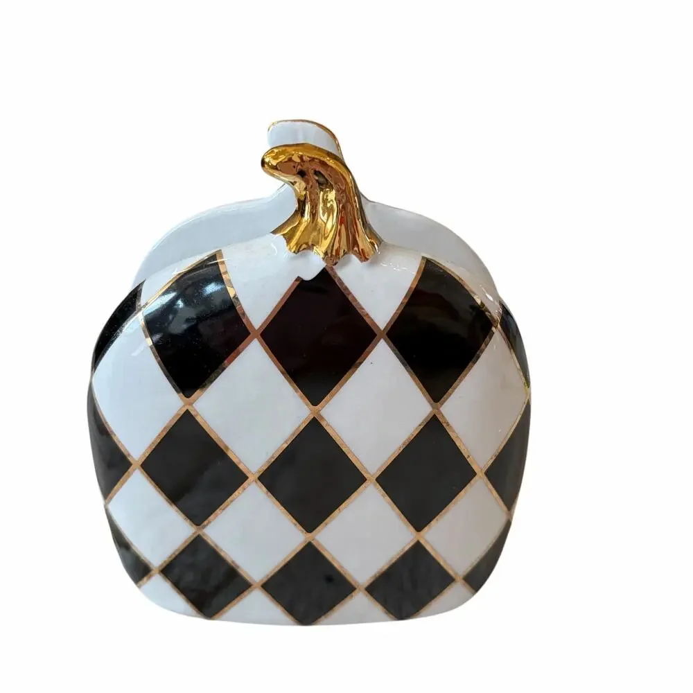 Black & White Harlequin Check Pumpkin Napkin Holder 6in Ceramic Halloween NEW